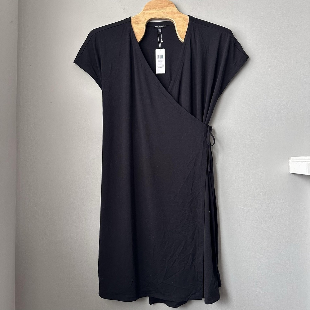 Eileen Fisher Wrap Dress Womens 3X Black Jersey V Neck Tie Waist Midi Minimalist